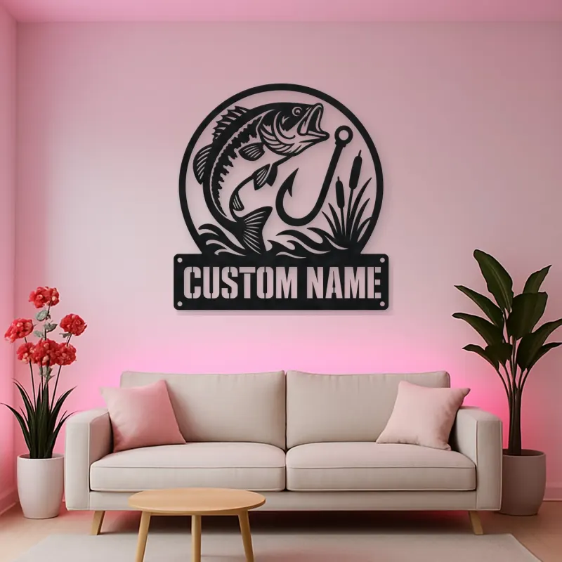 Personalized Largemouth Bass Fishing Metal Wall Art with Hook