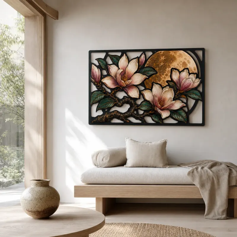 Magnolia Branch with Blossoms and Full Moon Colorful Metal Wall Art