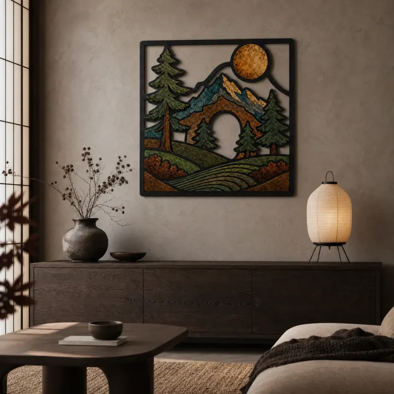 Mid Century Mountain Forest with Full Moon Colorful Metal Wall Art