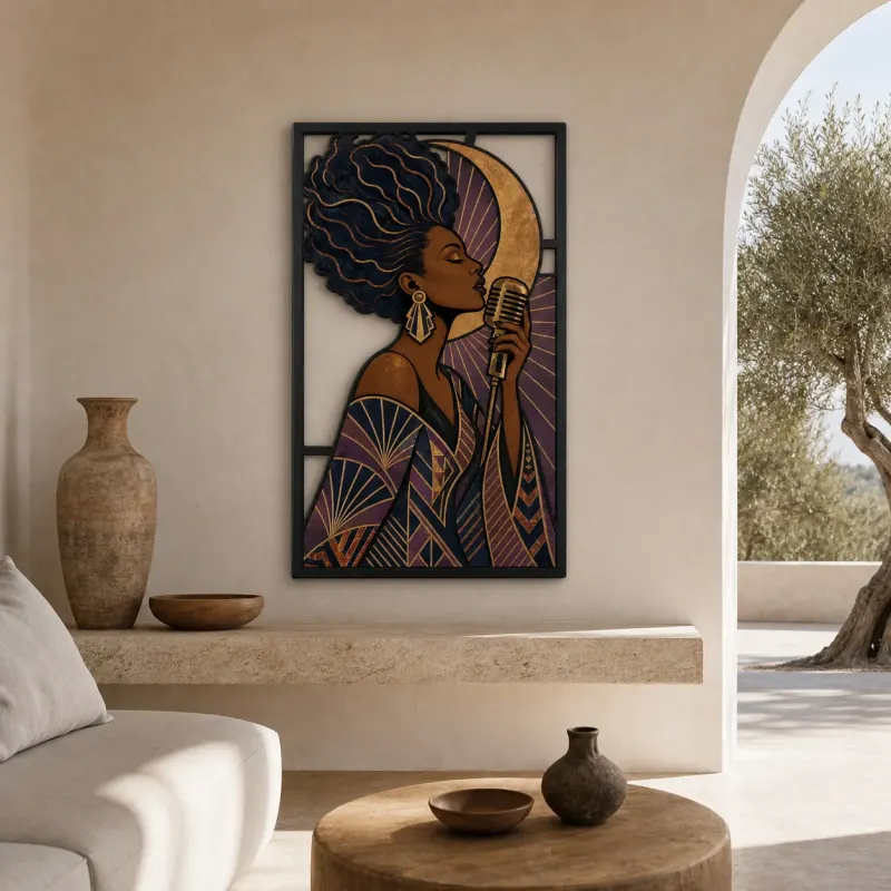 Afro Jazz Singer with Vintage Microphone and Copper Moon Colorful Metal Wall Art