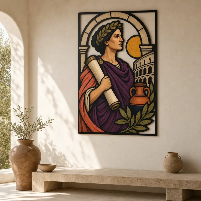 Classical Roman Scholar with Scroll and Colosseum Colorful Metal Wall Art