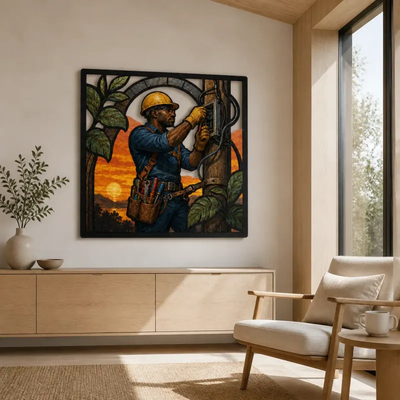 Electrician Working on Panel at Sunset Colorful Metal Wall Art