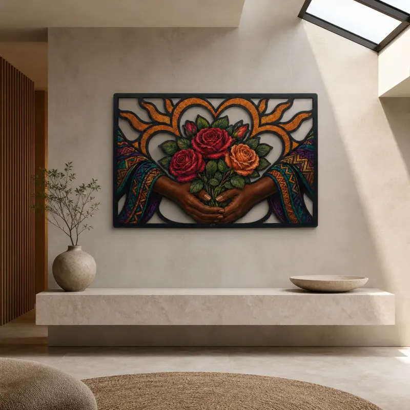 Hands Holding Rose Bouquet inside Heart Colorful Metal Wall Art