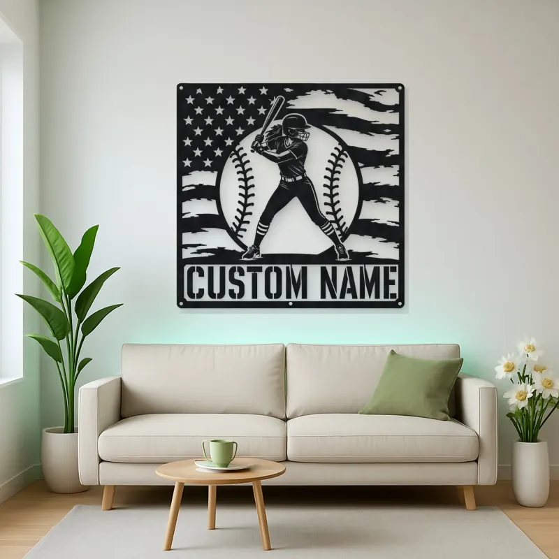 Personalized Female Softball Batter American Flag Metal Wall Art