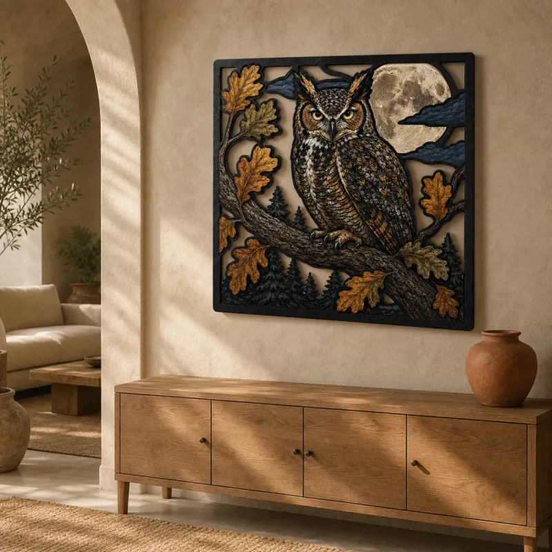 Great Horned Owl with Oak Leaves and Moon Colorful Metal Wall Art