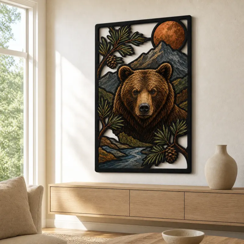 Brown Bear by Mountain Stream and Copper Moon Colorful Metal Wall Art