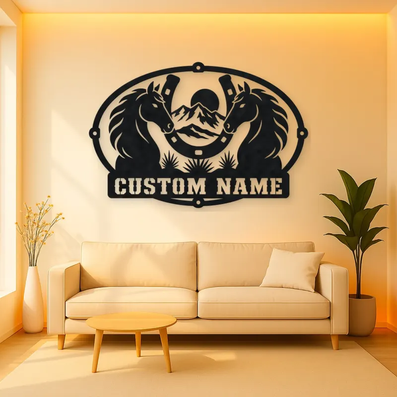 Personalized Two Horse Metal Wall Art with Horseshoe Frame