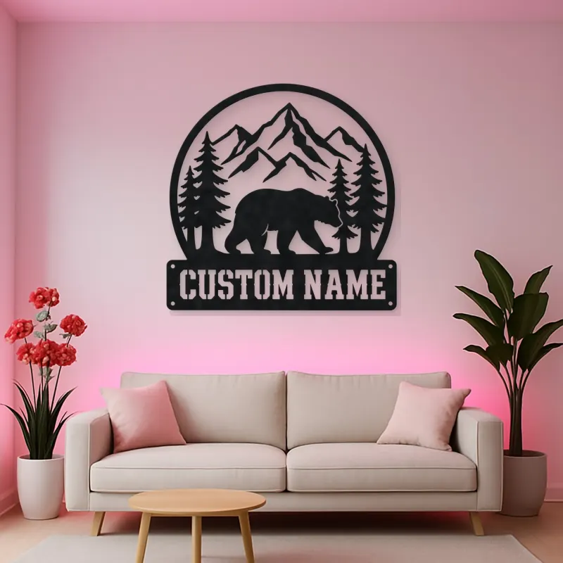 Personalized Bear and Pine Forest Metal Wall Art