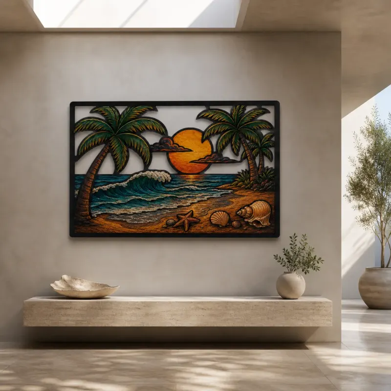 Tropical Beach with Palm Trees at Sunset Colorful Metal Wall Art