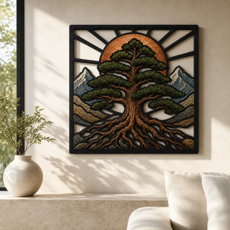 Mountain Pine Tree of Life with Radiant Sun Colorful Metal Wall Art