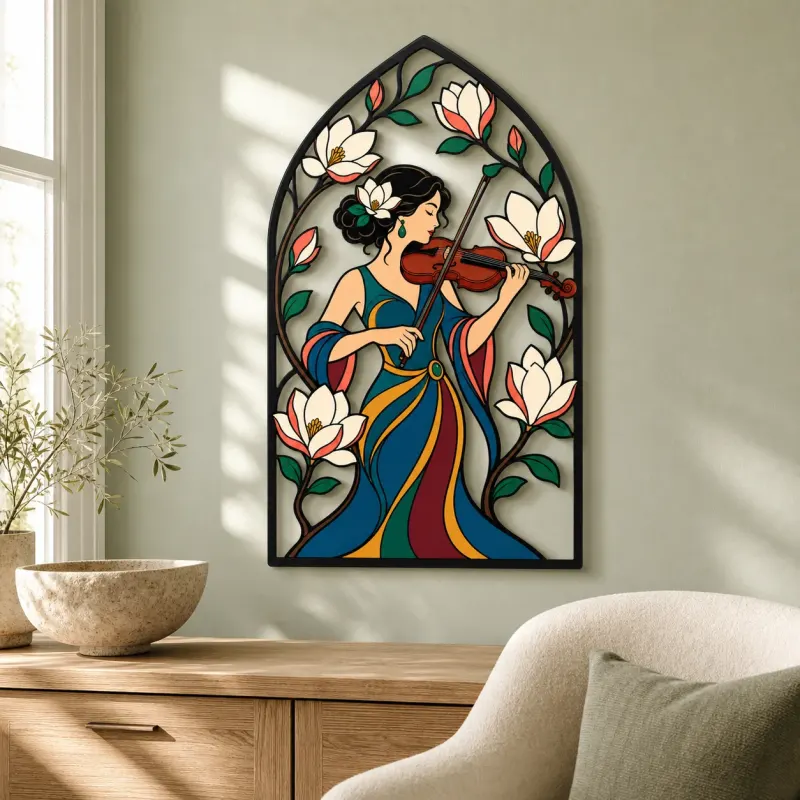 Woman Violinist with Magnolia Flowers Colorful Metal Wall Art