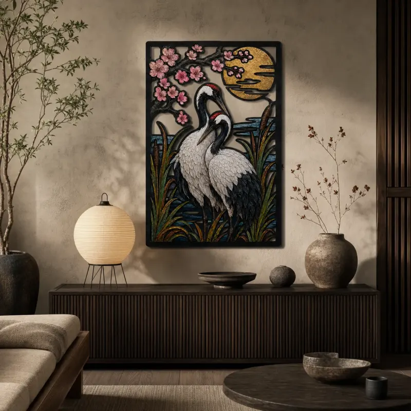 Japanese Crane beneath Cherry Blossoms and Moon Colorful Metal Wall Art