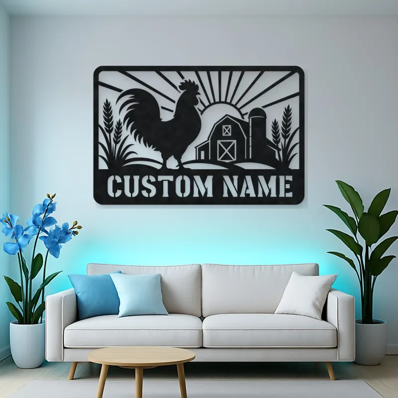 Personalized Rooster Farm Metal Wall Art with Barn Scene