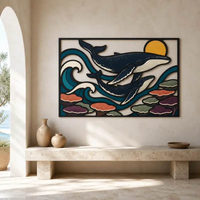 Humpback Whale Mother and Calf over Ocean Waves Colorful Metal Wall Art