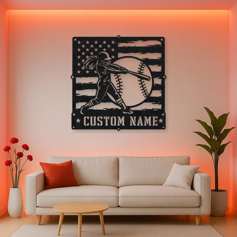 Personalized Softball Batter Distressed American Flag Metal Wall Art