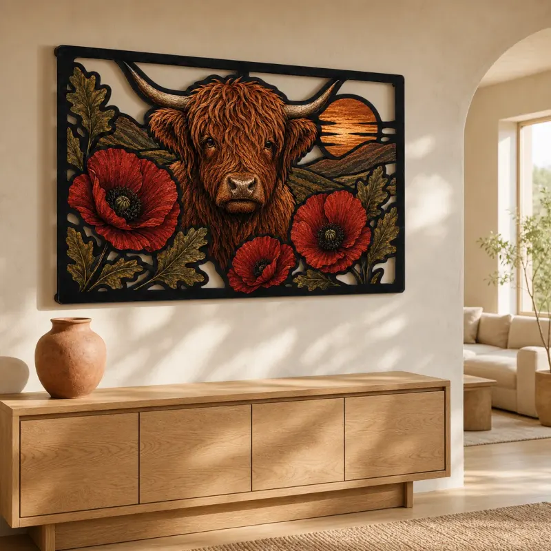 Highland Cow with Red Poppies and Oak Leaves Colorful Metal Wall Art