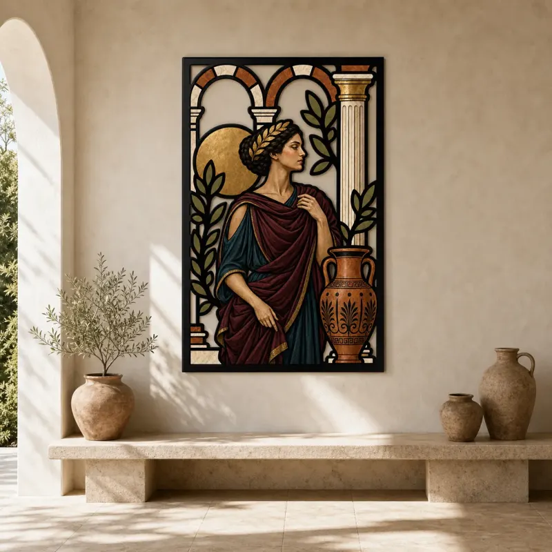 Classical Greek Woman with Pottery beneath Arches Colorful Metal Wall Art