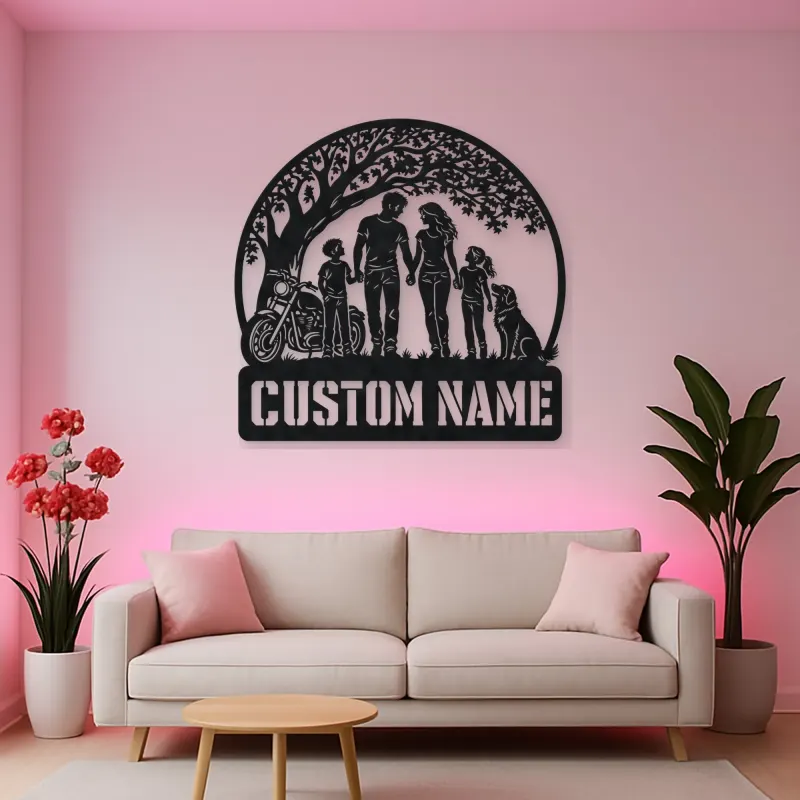 Personalized Family of Four Dog and Motorcycle Metal Wall Art