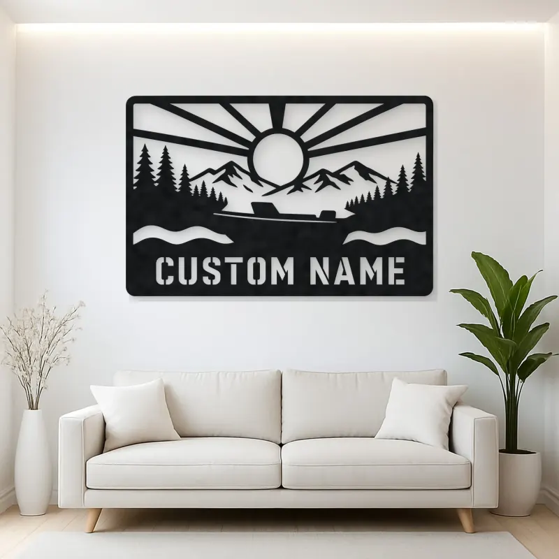 Personalized Speedboat Metal Wall Art with Mountain Lake