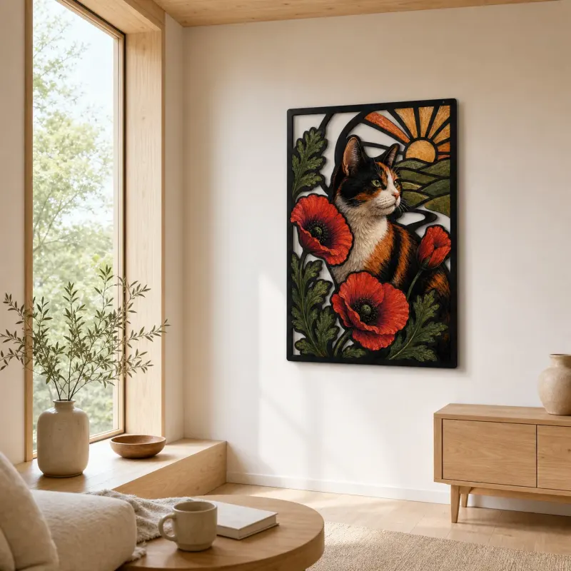 Calico Cat with Red Poppies at Sunrise Colorful Metal Wall Art