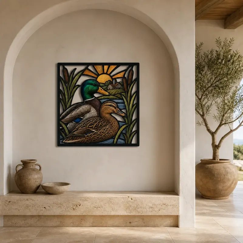 Mallard Duck Pair by Peaceful Farm Pond Colorful Metal Wall Art