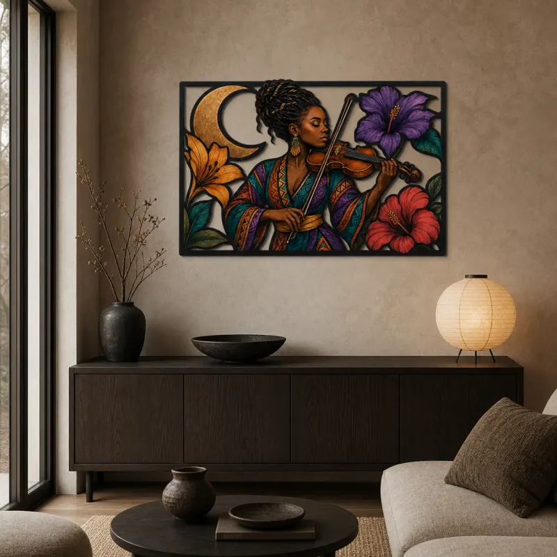 Afro Woman Violinist with Hibiscus and Moon Colorful Metal Wall Art