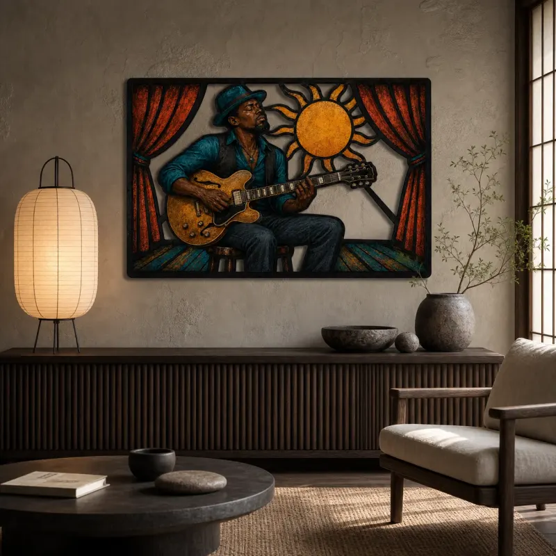 Blues Guitarist Performing beneath Radiant Sun Colorful Metal Wall Art