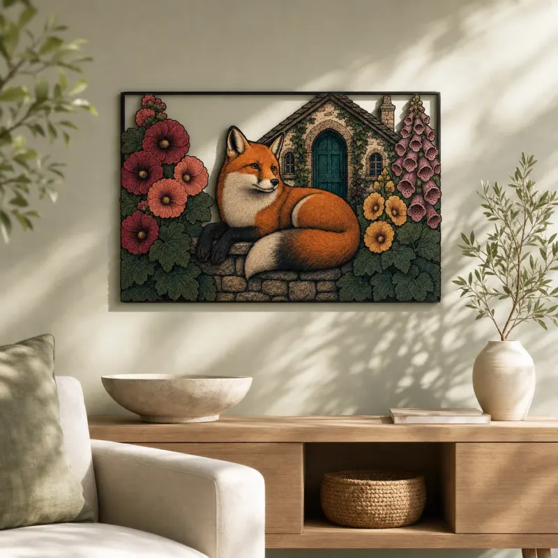 Red Fox beside Flowered Stone Cottage Colorful Metal Wall Art