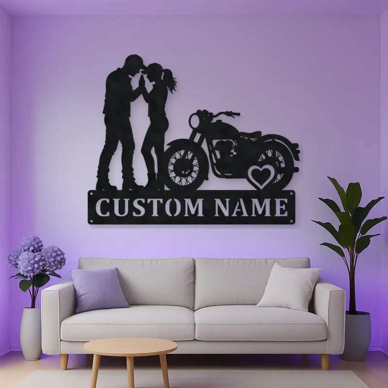 Personalized Vintage Motorcycle Couple Metal Wall Art with Heart