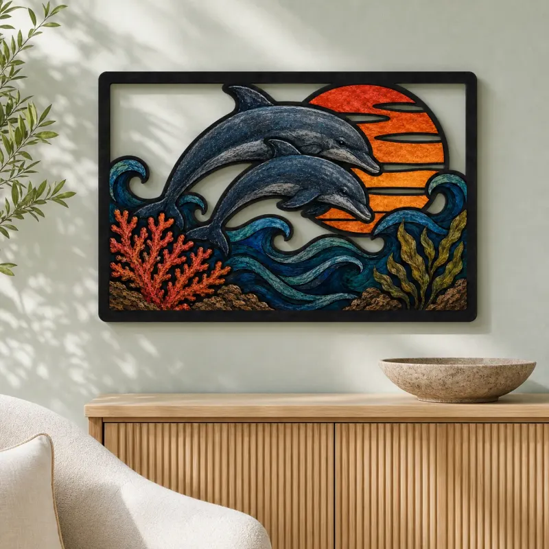 Two Dolphins over Ocean Waves at Sunset Colorful Metal Wall Art