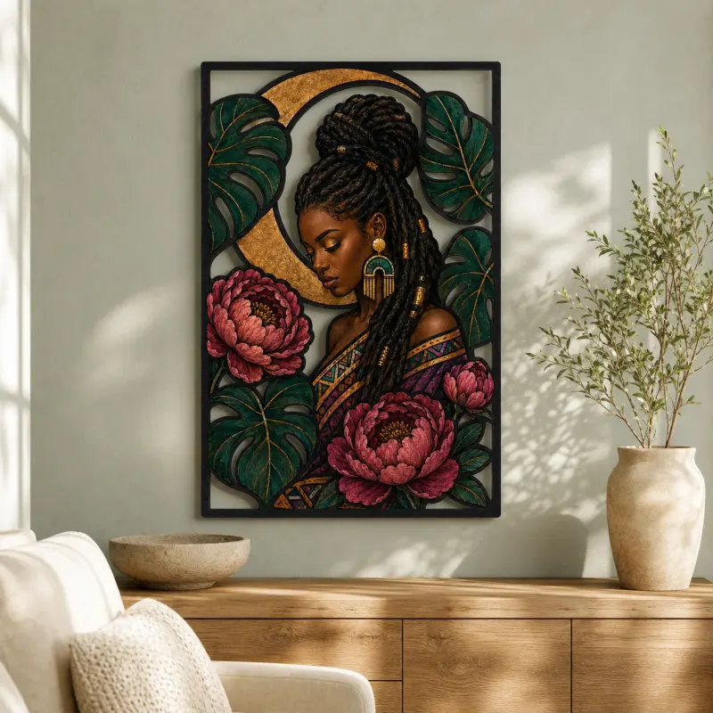 Braided Afro Woman with Peonies and Monstera Leaves Colorful Metal Wall Art