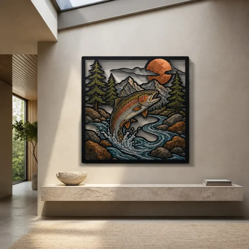 Rainbow Trout Jumping in Mountain River Colorful Metal Wall Art