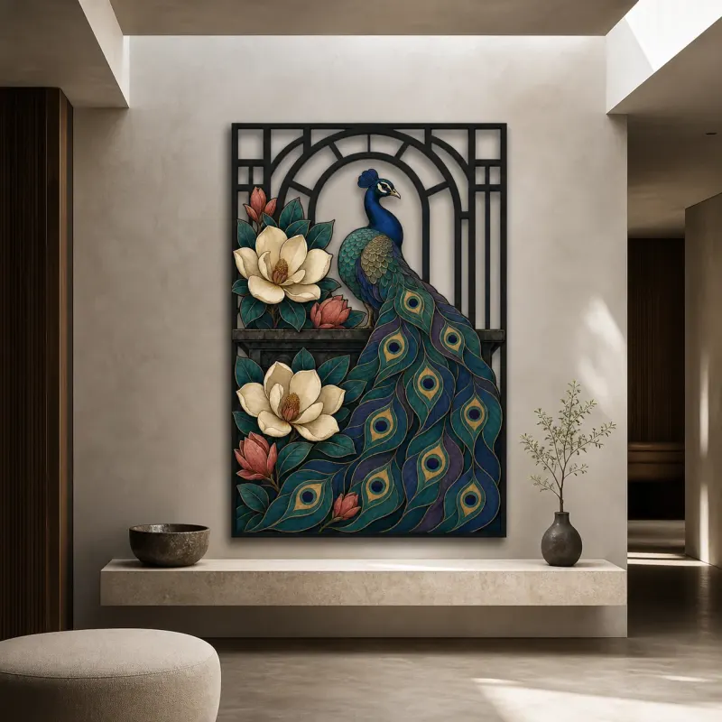Peacock with Magnolia Flowers in Art Deco Frame Colorful Metal Wall Decor