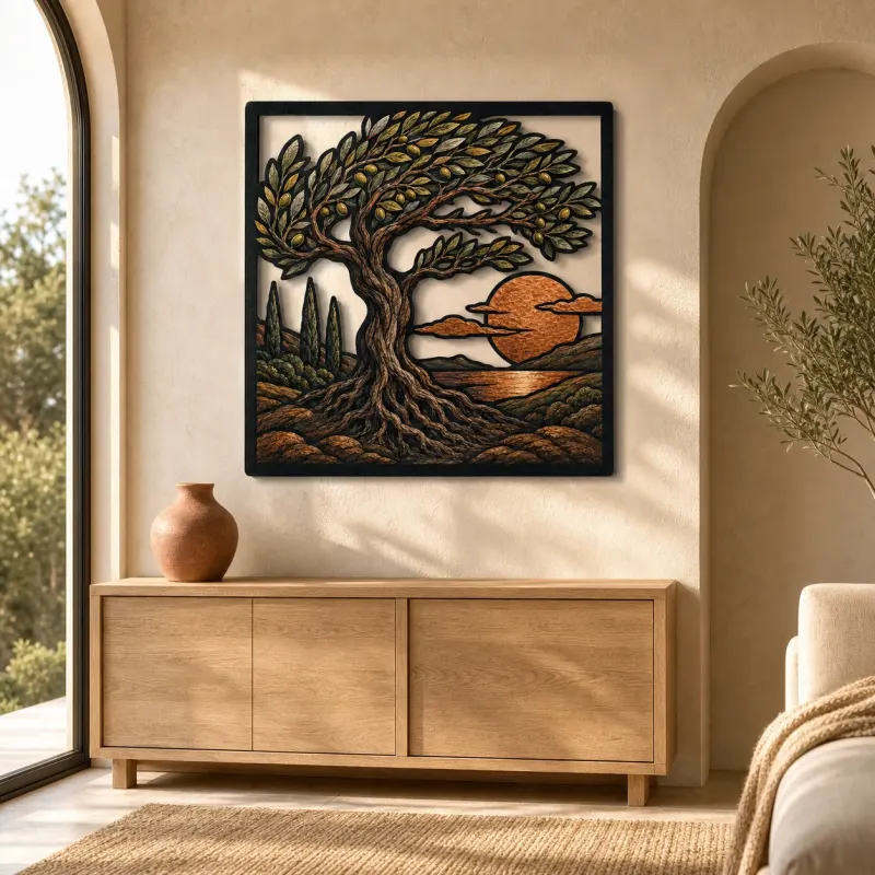 Windblown Olive Tree over Coastal Sunset Colorful Metal Wall Art