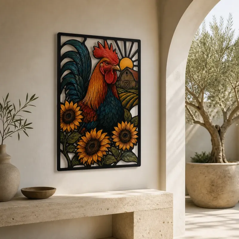 Colorful Rooster with Sunflowers by Rustic Barn Metal Wall Art
