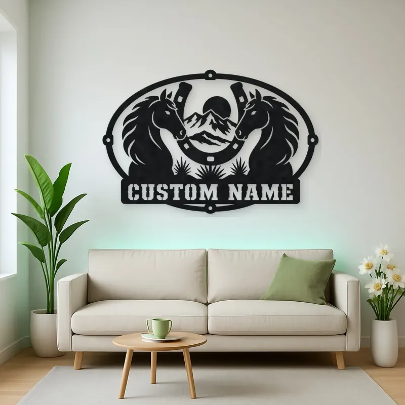 Personalized Two Horse Metal Wall Art with Horseshoe Frame