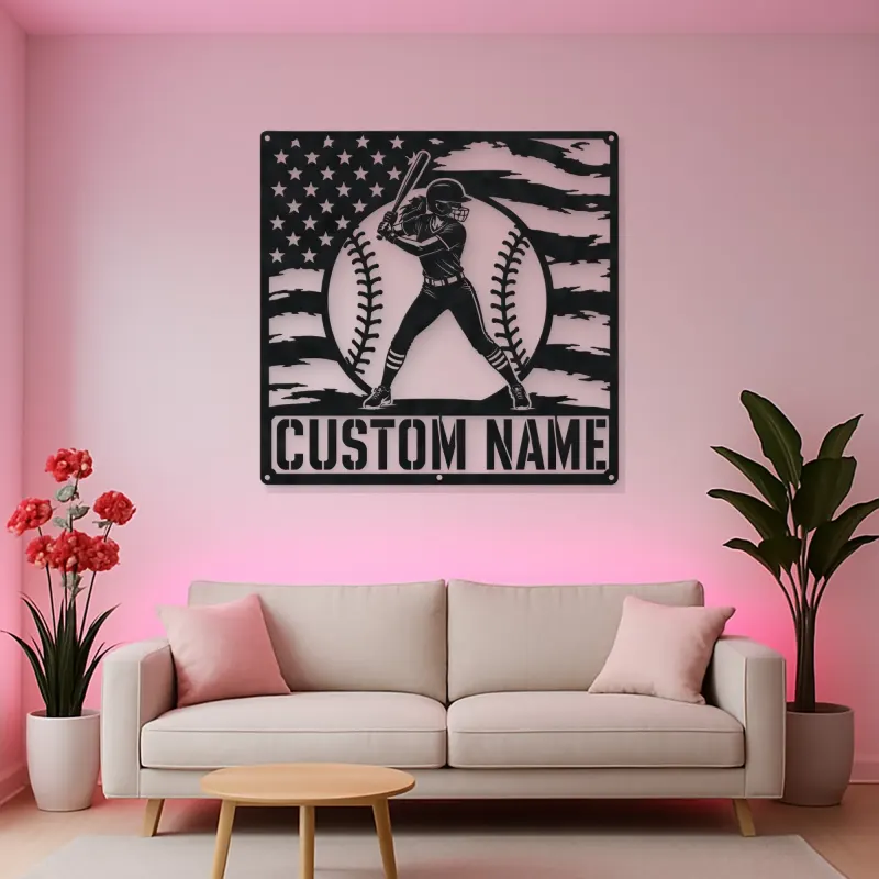 Personalized Female Softball Batter American Flag Metal Wall Art
