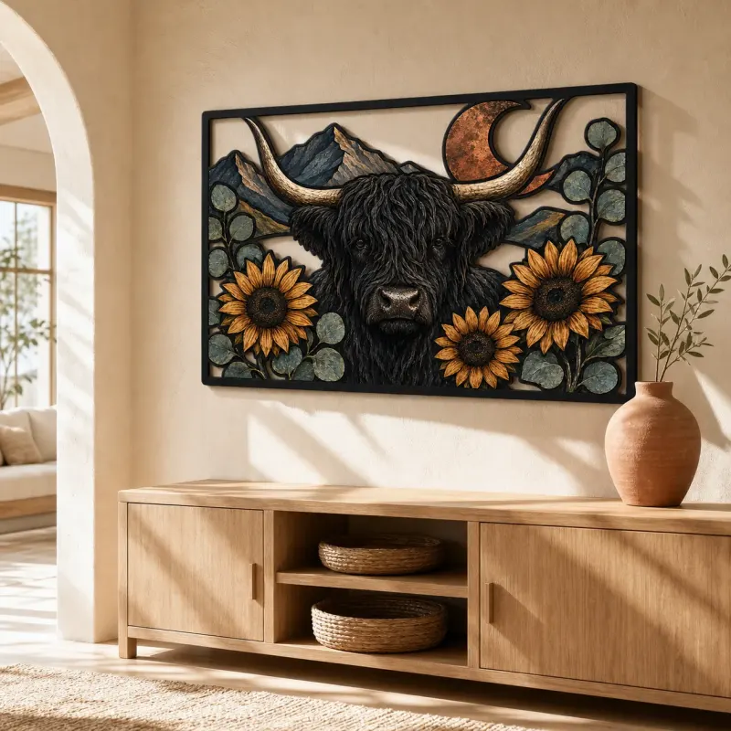 Black Highland Cow with Sunflowers and Copper Moon Colorful Metal Wall Art