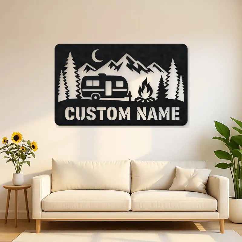Personalized Travel Trailer Metal Wall Art with Campfire