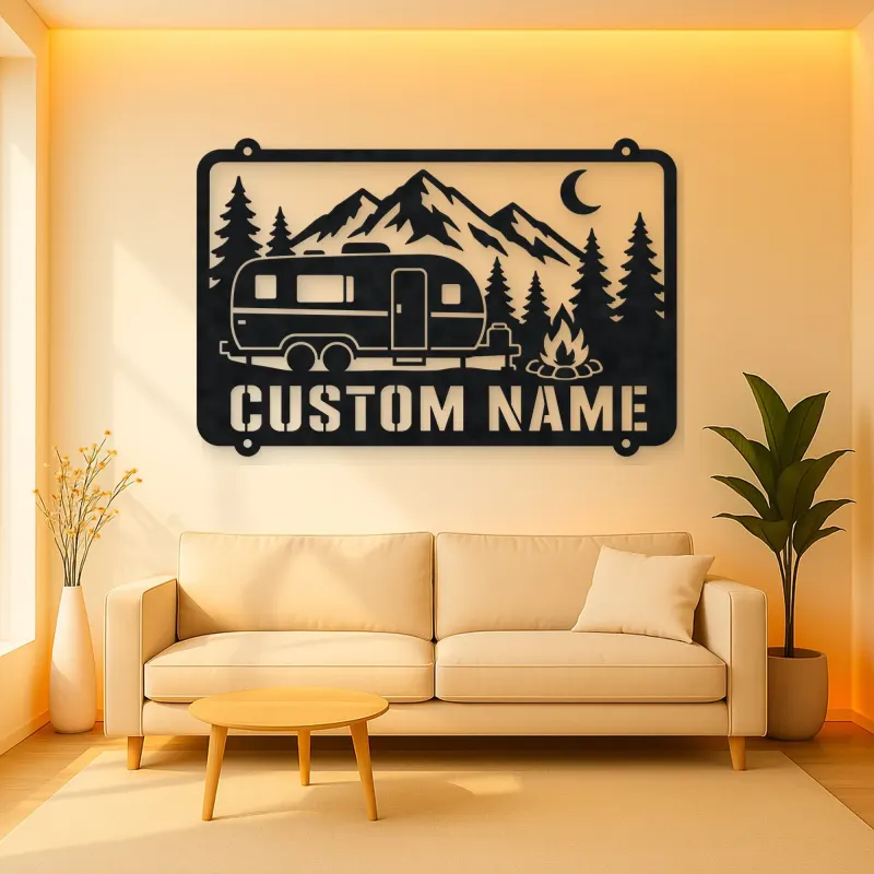 Personalized Camper Trailer Metal Wall Art with Mountain Camp