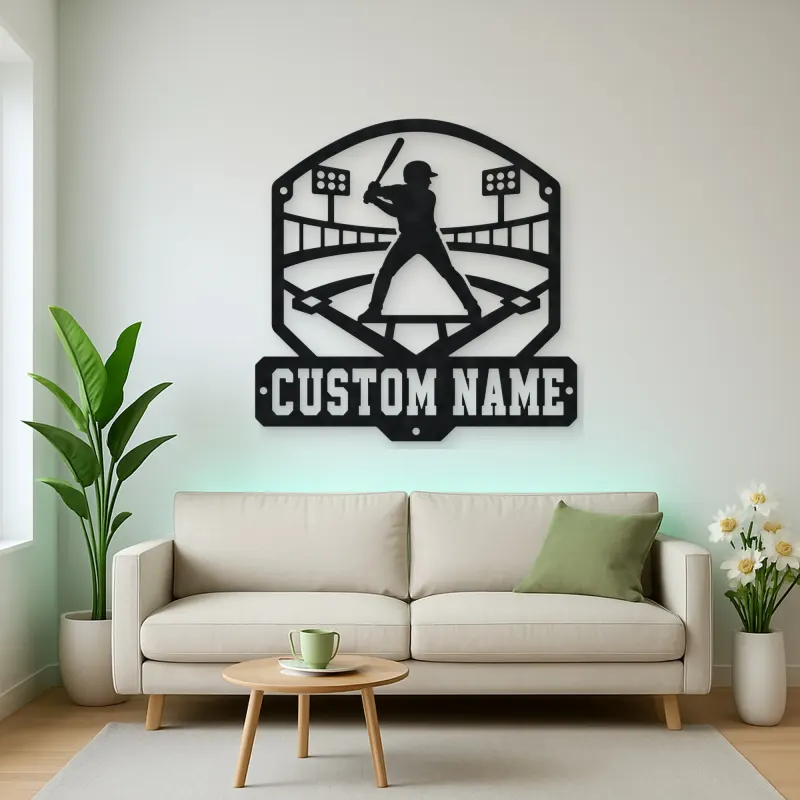 Personalized Baseball Batter Stadium Lights Metal Wall Art