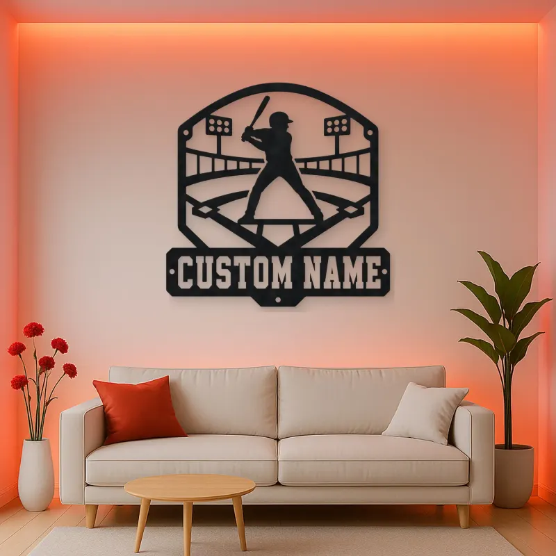 Personalized Baseball Batter Stadium Lights Metal Wall Art