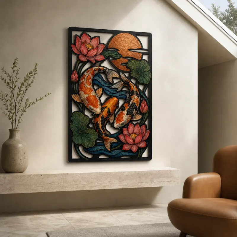 Koi Fish with Lotus Flowers and Copper Sun Colorful Metal Wall Art