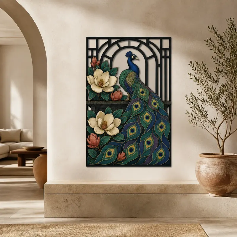 Peacock with Magnolia Flowers in Art Deco Frame Colorful Metal Wall Decor