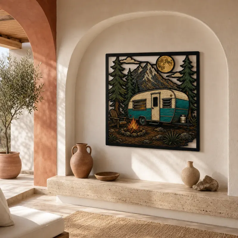 Retro Camper Trailer at Mountain Campfire Colorful Metal Wall Art