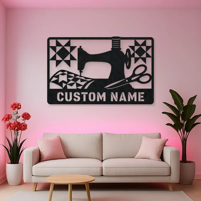 Personalized Sewing Machine Metal Wall Art with Quilt Details
