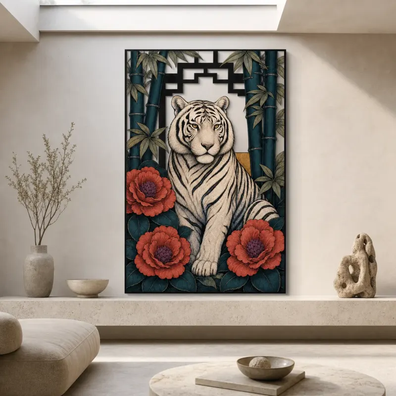 White Tiger with Bamboo and Pink Peonies Colorful Metal Wall Art