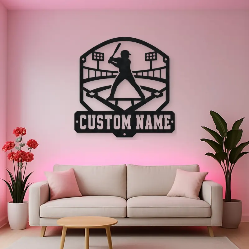 Personalized Baseball Batter Stadium Lights Metal Wall Art