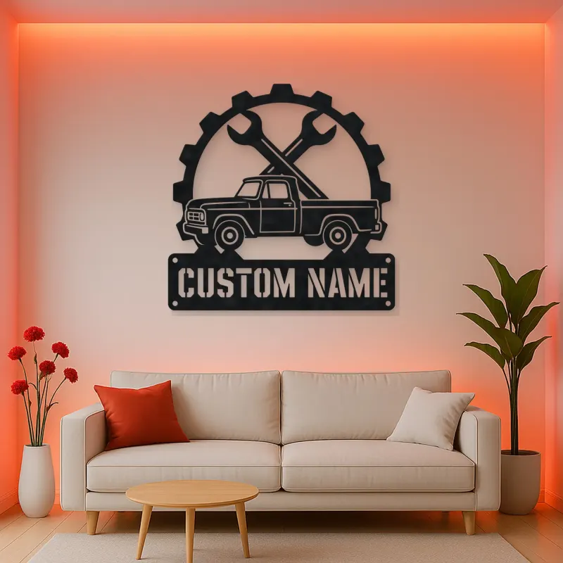 Personalized Vintage Pickup Truck Metal Wall Art with Wrench Detail