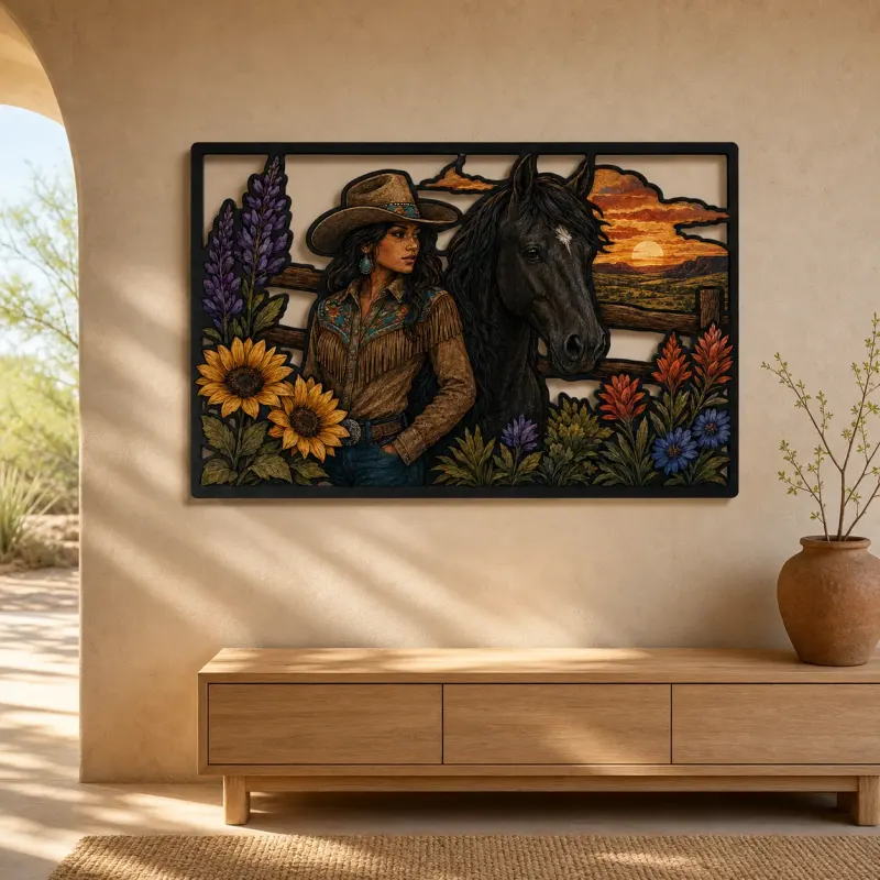 Cowgirl with Black Horse and Mountain Wildflowers Colorful Metal Wall Art